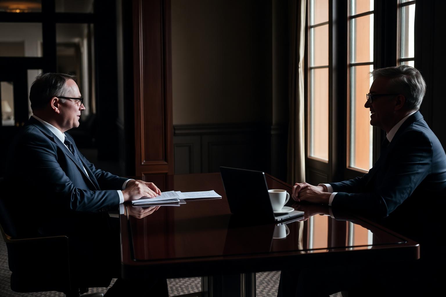 A trusted advisor meeting with a business founder in an elegant private office