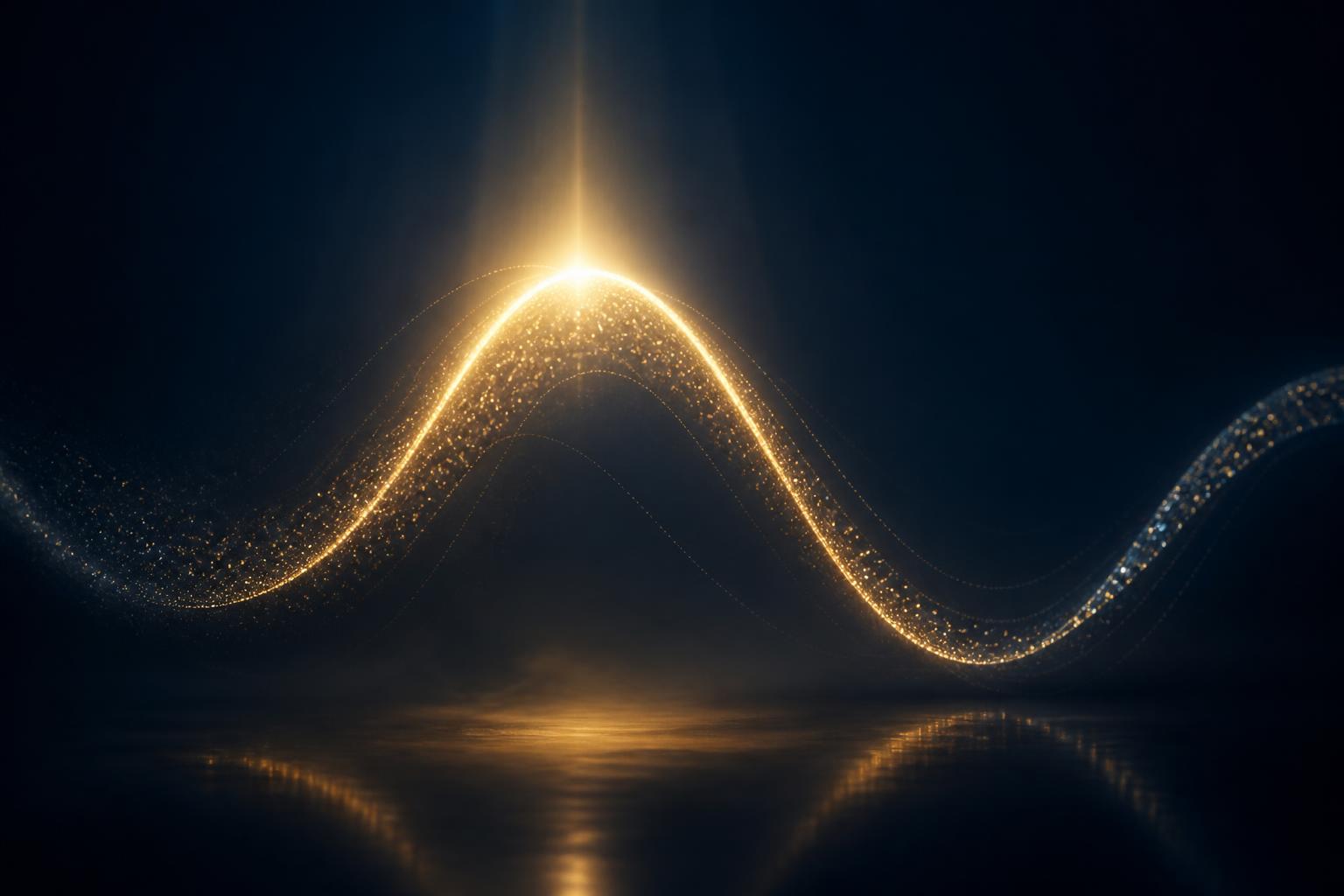 Abstract visualization of market cycles with luminous golden curves against a deep navy background
