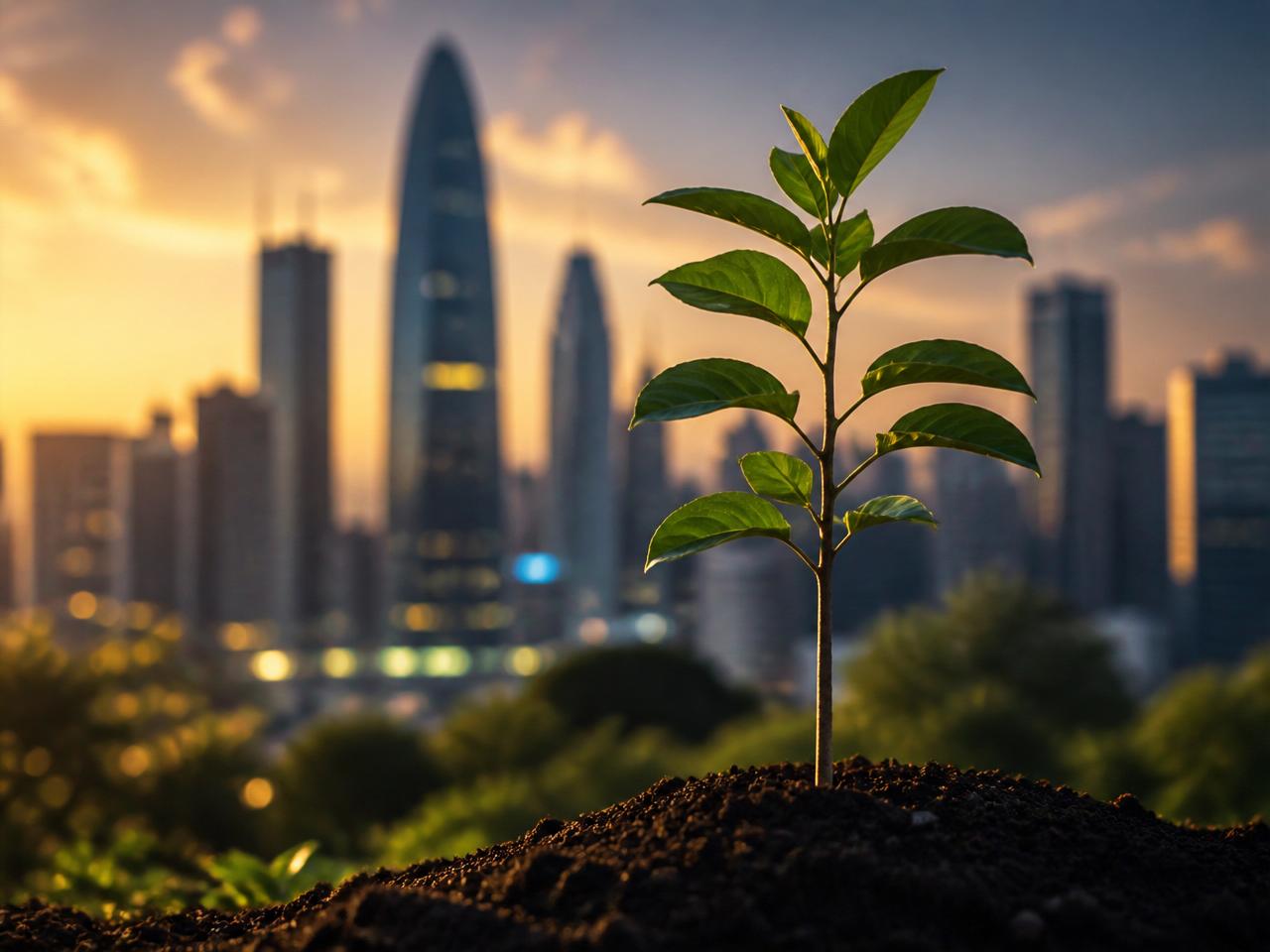 A young sapling growing with a city skyline at twilight in the background, symbolizing long-term growth